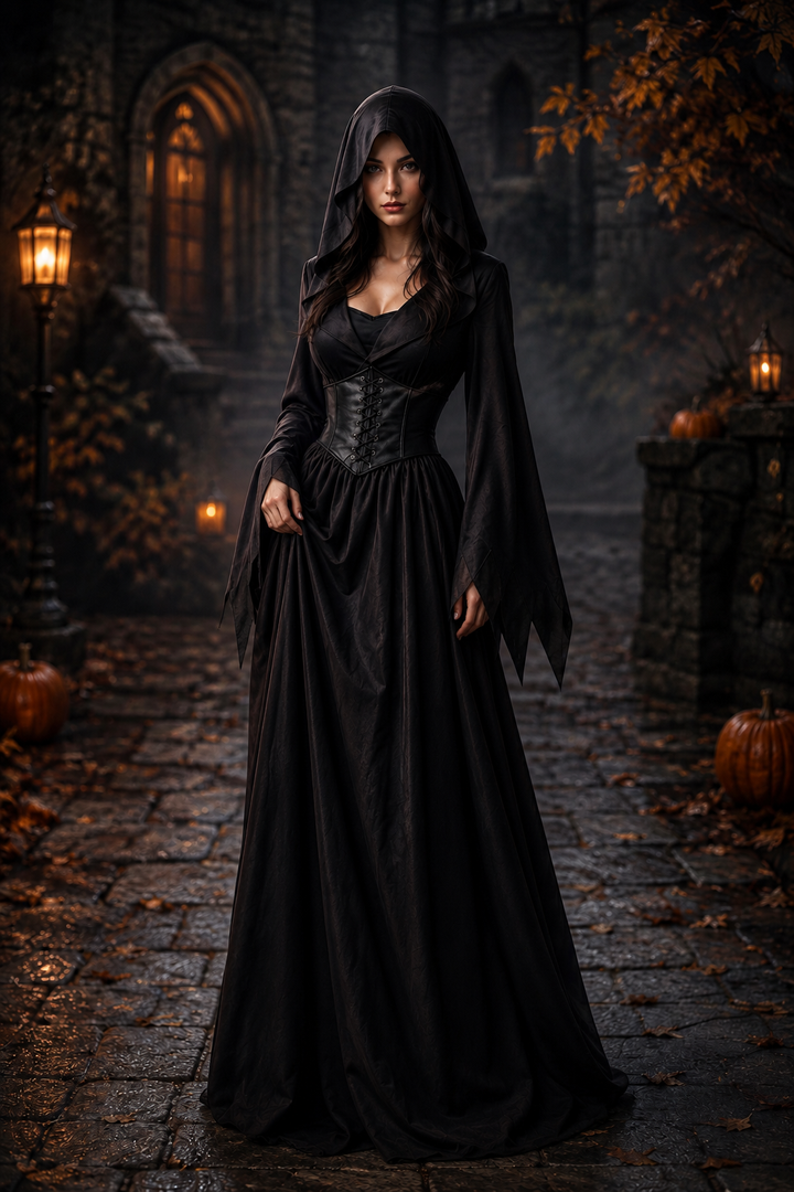 front view of black velvet witch costume dress with laced corset bodice