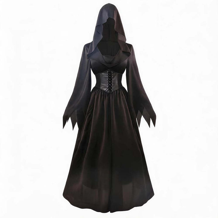black hooded Gothic vampire costume dress with corset belt on mannequin display