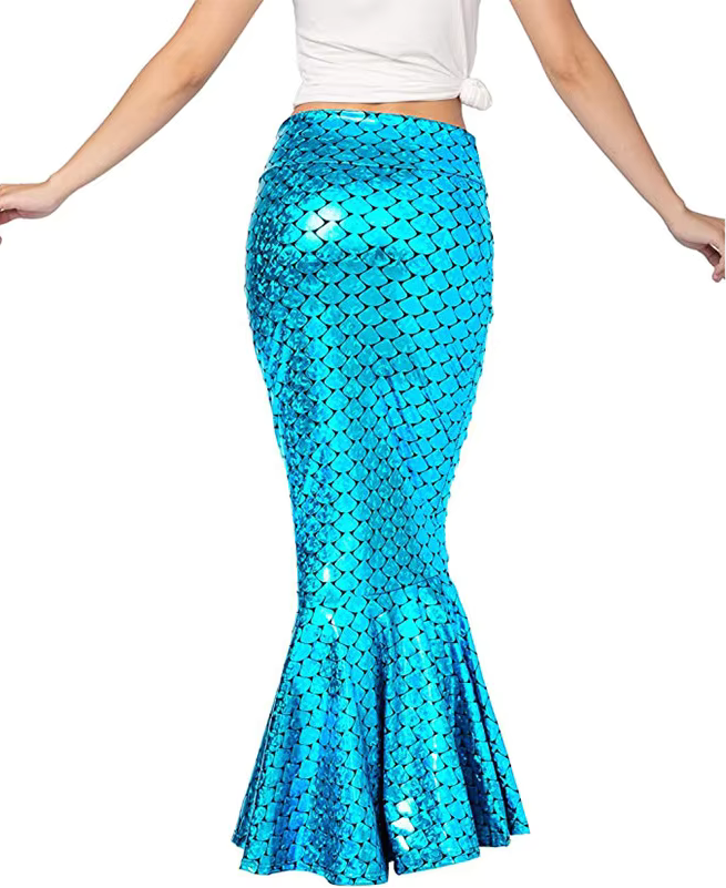 Turquoise mermaid fish-scale maxi skirt with flared hem, side profile view