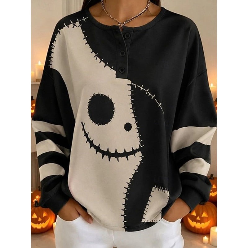 Black and white spooky face print button-placket crew-neck sweatshirt