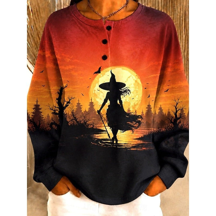 Halloween witch silhouette sunset print long-sleeve pullover sweatshirt front view