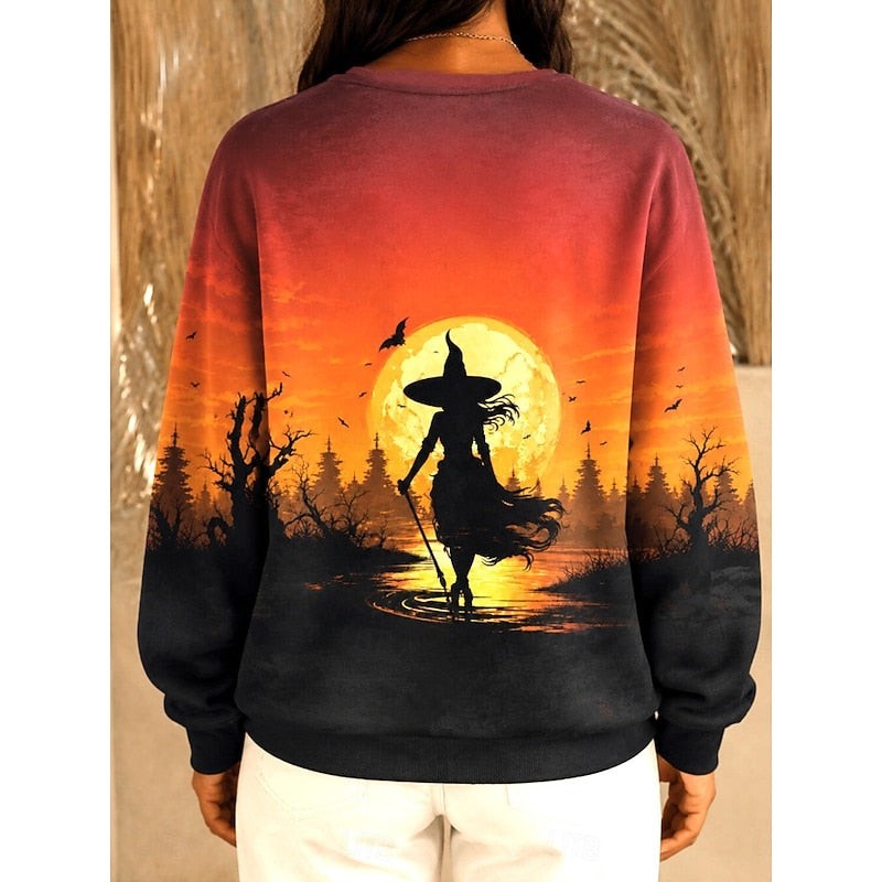 Witch silhouette sunset graphic crew-neck sweatshirt shown from the back