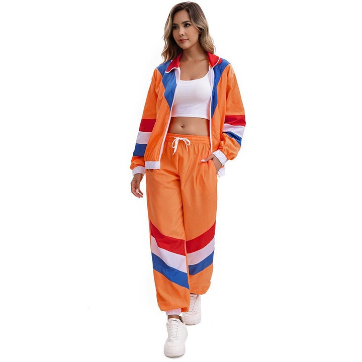 retro two-piece tracksuit in orange with red and blue color-block stripes
