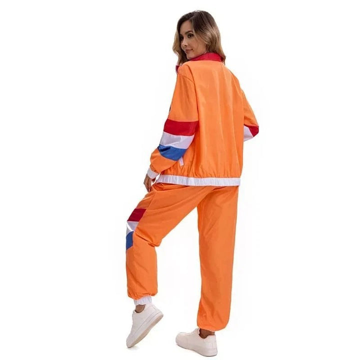 back view of orange retro track costume showing color-block stripe detailing