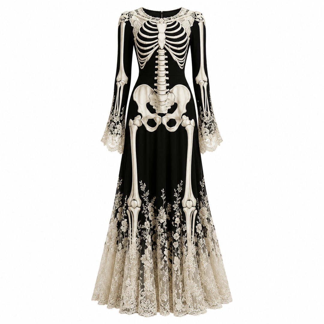 black maxi dress with skeleton print and floral lace trim on long bell sleeves