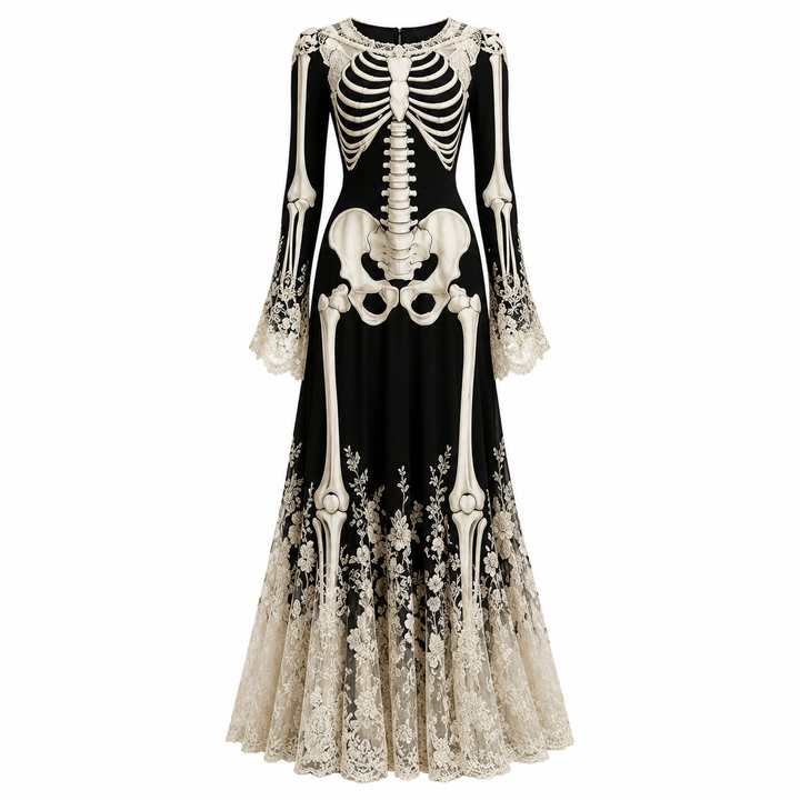 black maxi dress with skeleton print and floral lace trim on long bell sleeves