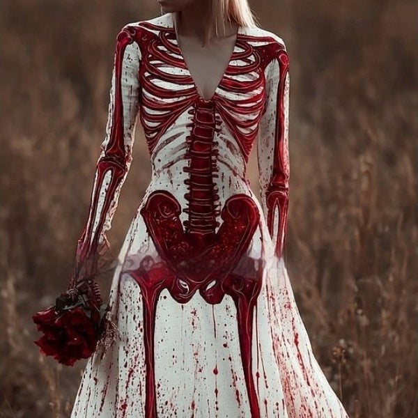 white long-sleeve gown with red bloody skeleton print and dripping paint details