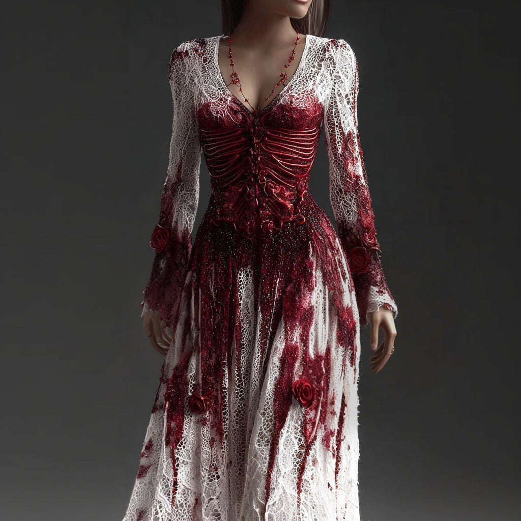 white lace maxi dress with red skeleton ribcage design and rose accents