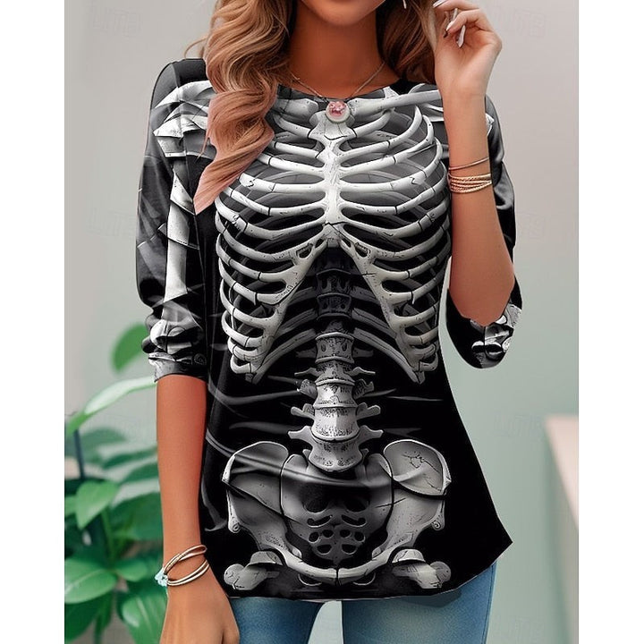 black long-sleeve tunic top with realistic skeleton rib cage print