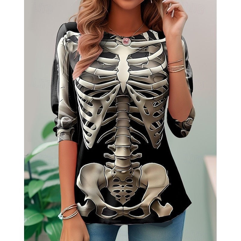 gray skeleton bone print crew-neck tunic top for Halloween