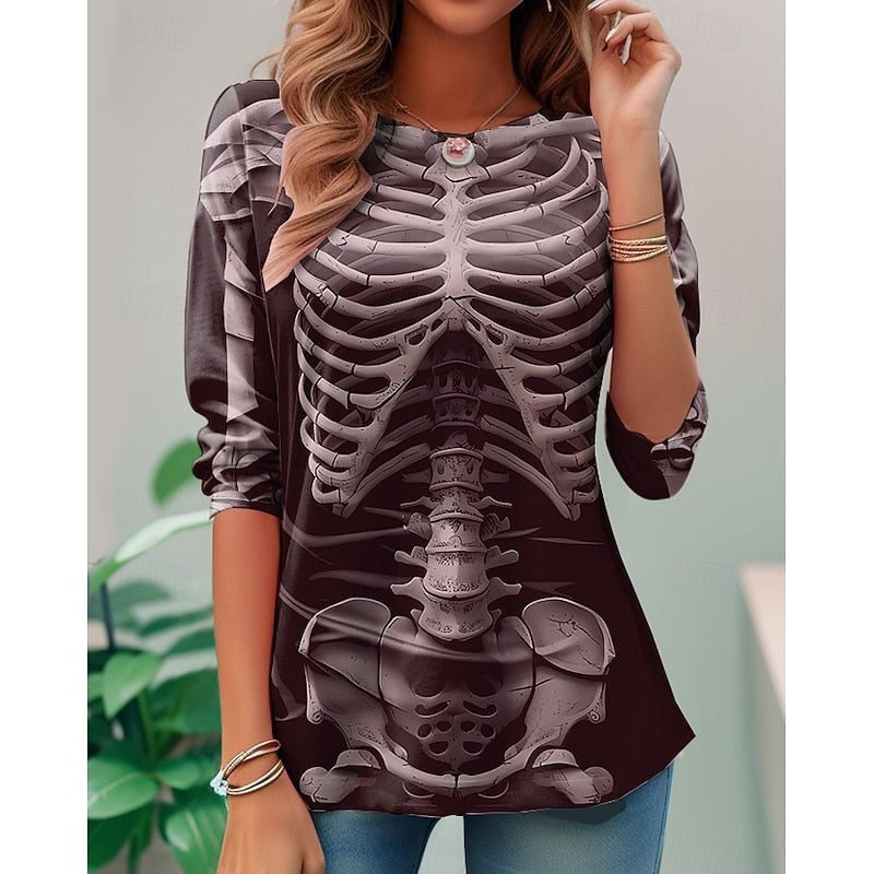 dark maroon skeleton-print tunic top with long sleeves and crew neck