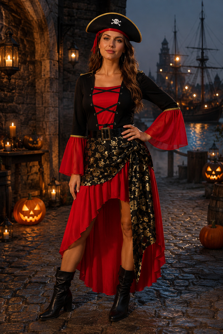 Women's pirate costume with lace-up bodice, bell sleeves, and skull-print high-low skirt
