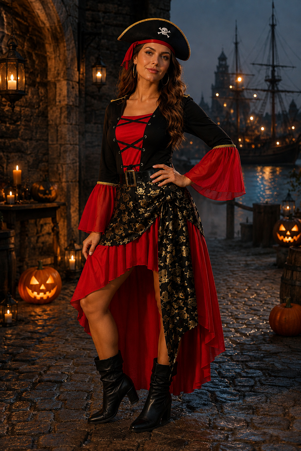 Red and black pirate costume dress featuring gold skull print and matching tricorn hat