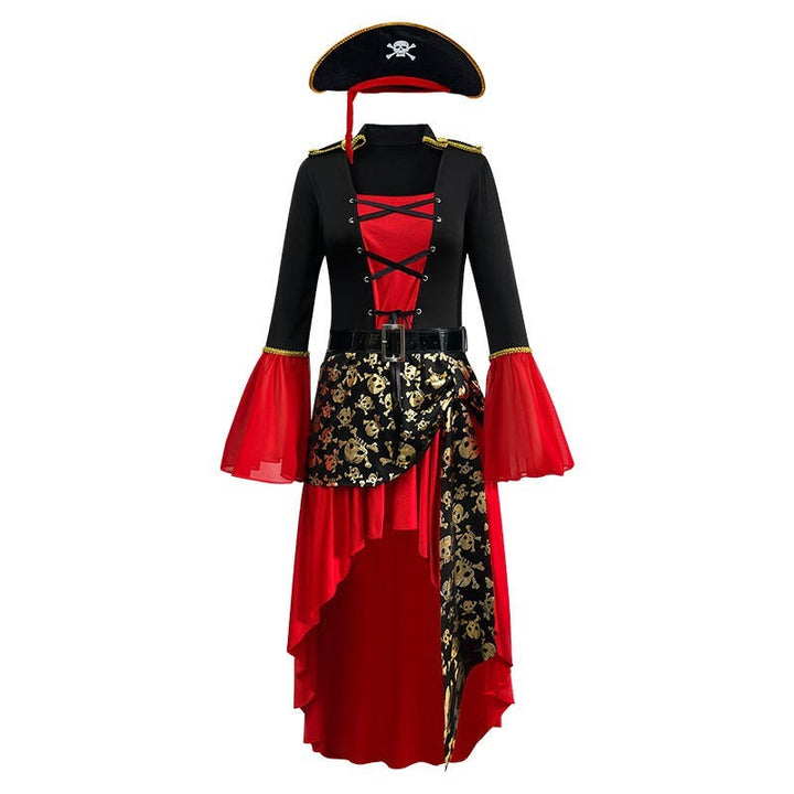 Women's Halloween pirate costume set with hat, corset top, and high-low skull-print skirt