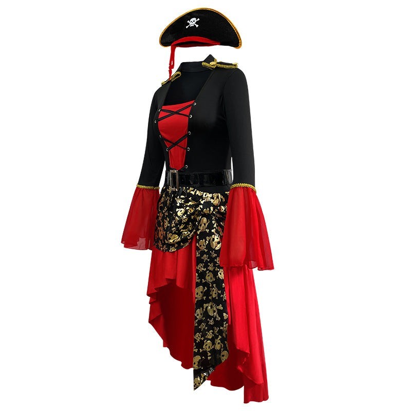 Side view of lace-up pirate costume showing bell sleeves and gold skull-print detailing