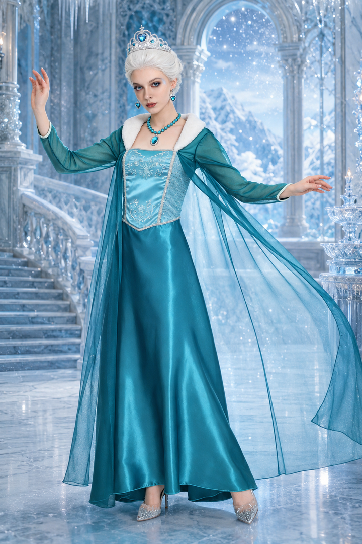 teal satin snow queen costume dress with sheer cape and rhinestone tiara