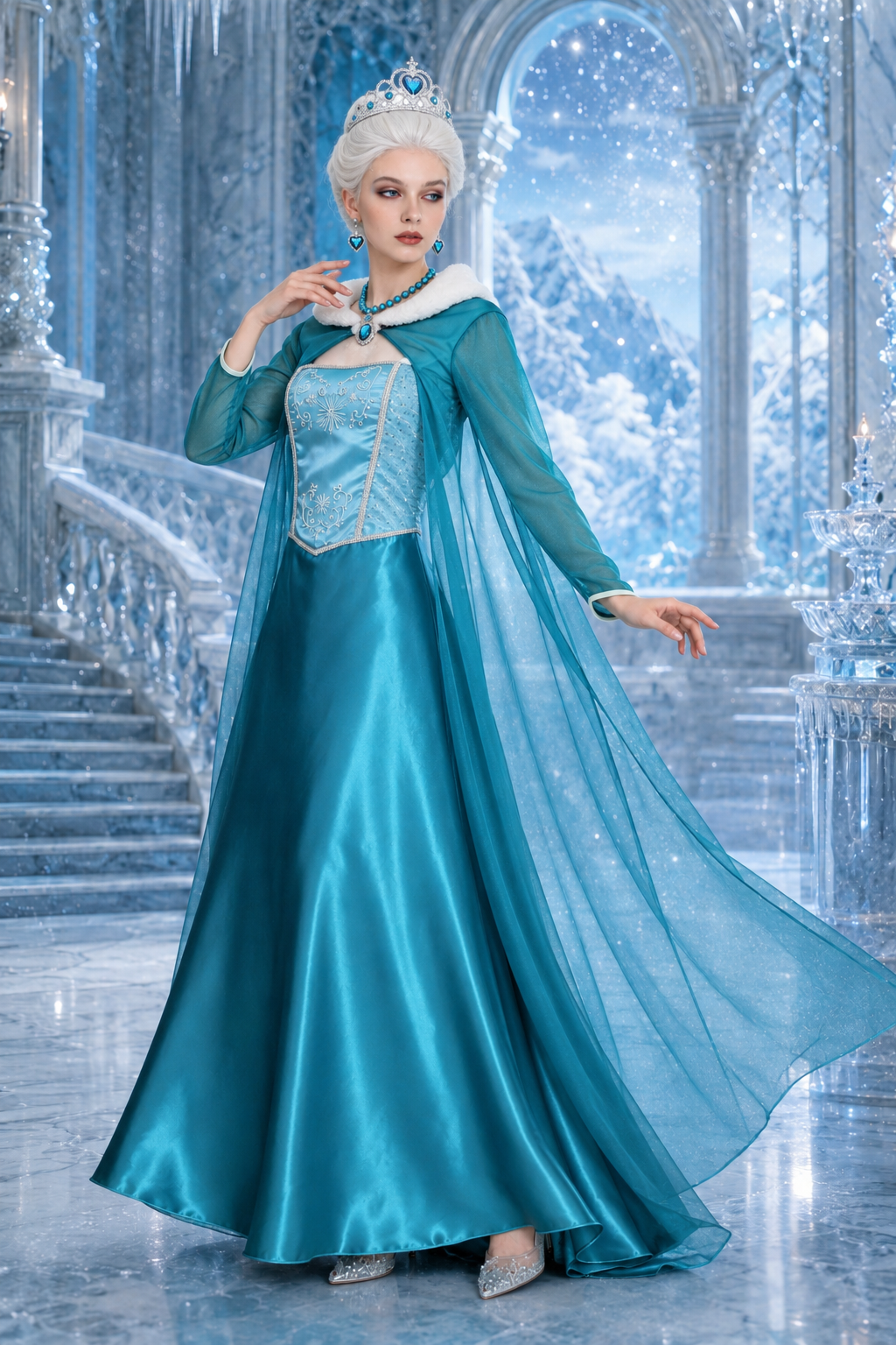 embroidered square-neck princess costume gown with faux fur collar and jeweled necklace