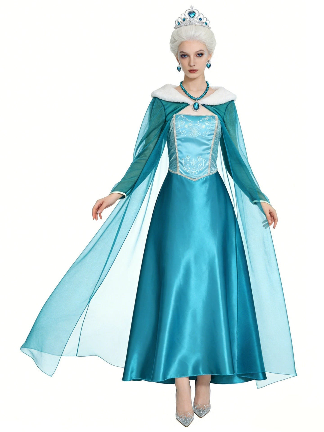 front view of teal Halloween snow queen dress with flowing organza cape