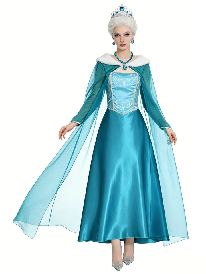 front view of teal Halloween snow queen dress with flowing organza cape