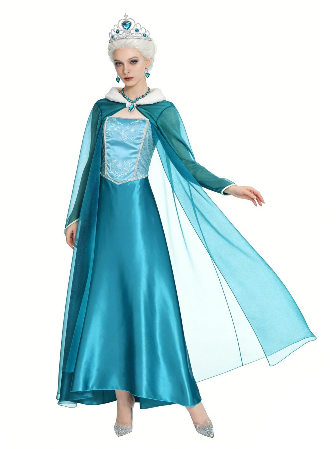 sheer-sleeve ice queen costume dress paired with silver glitter heels and crown