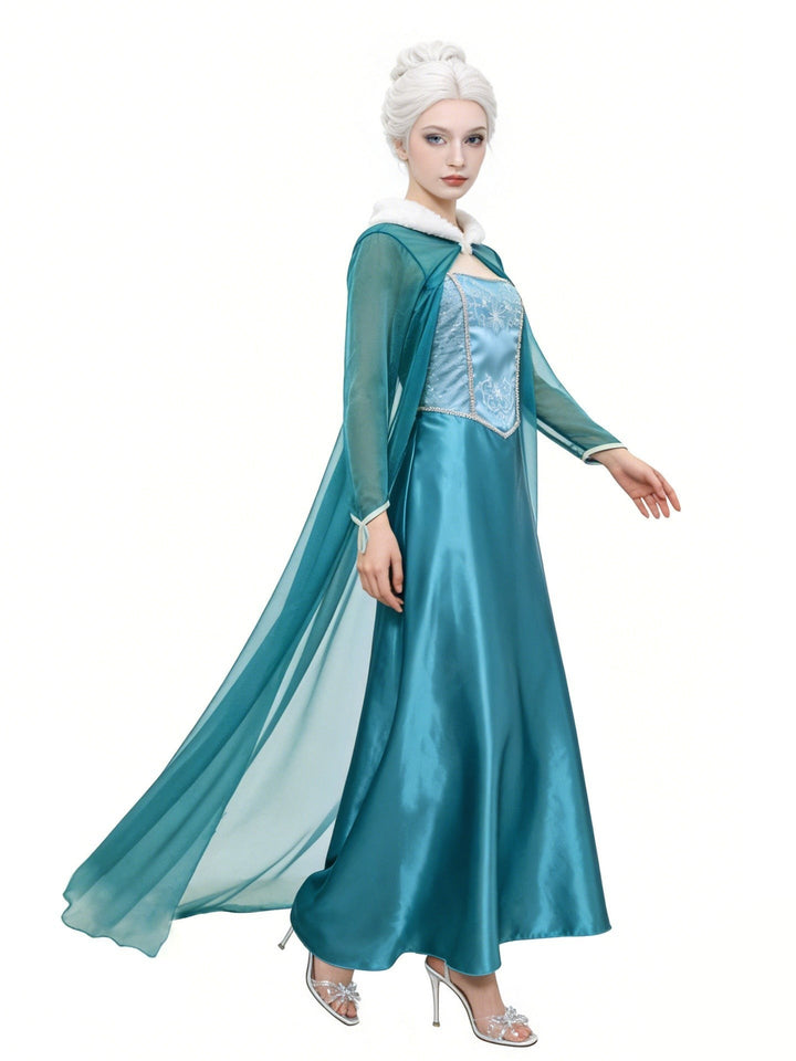 side profile of satin princess costume gown with fur-trimmed cape train
