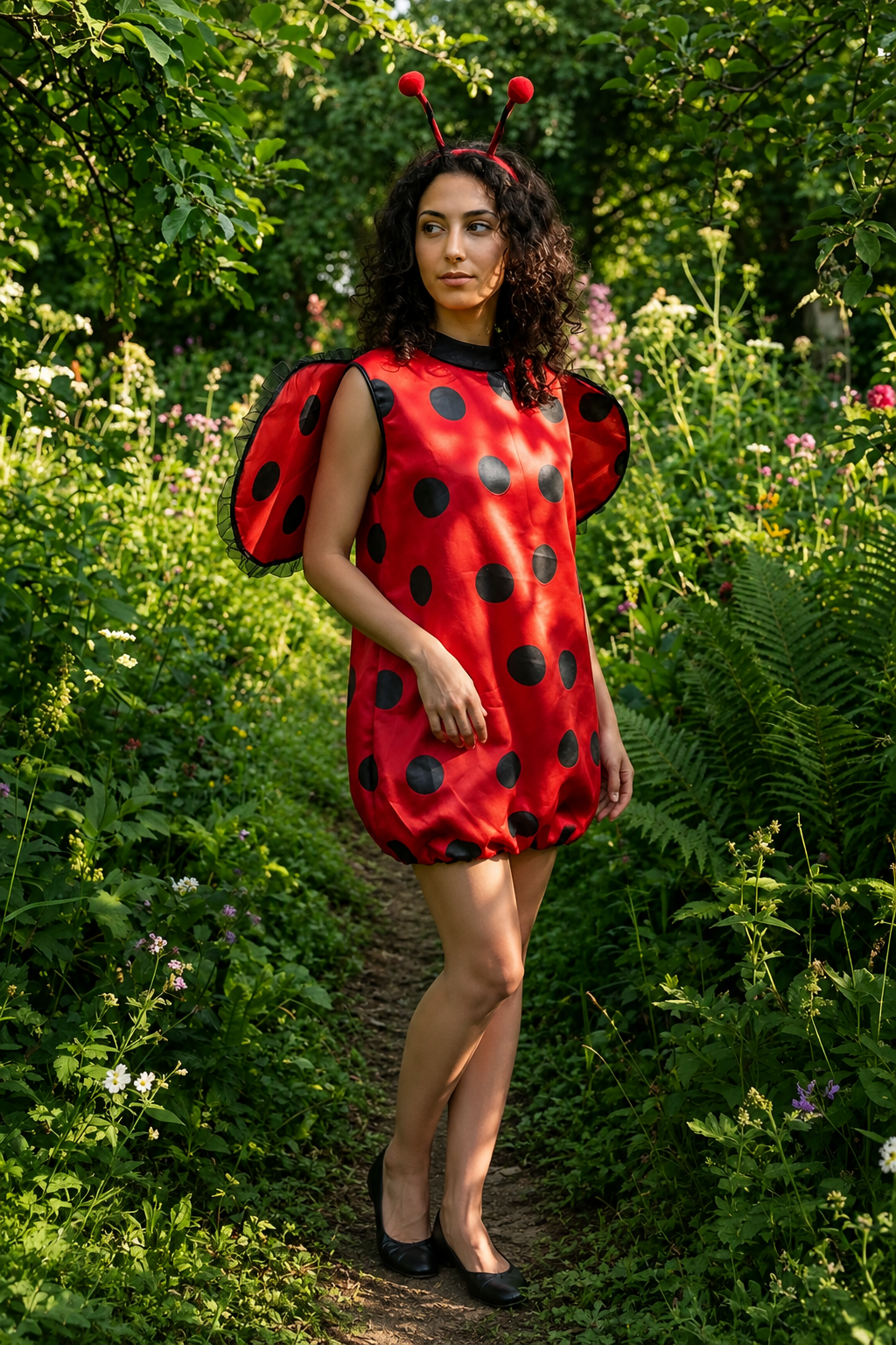 woman modeling red polka dot ladybug costume dress with wings on garden path