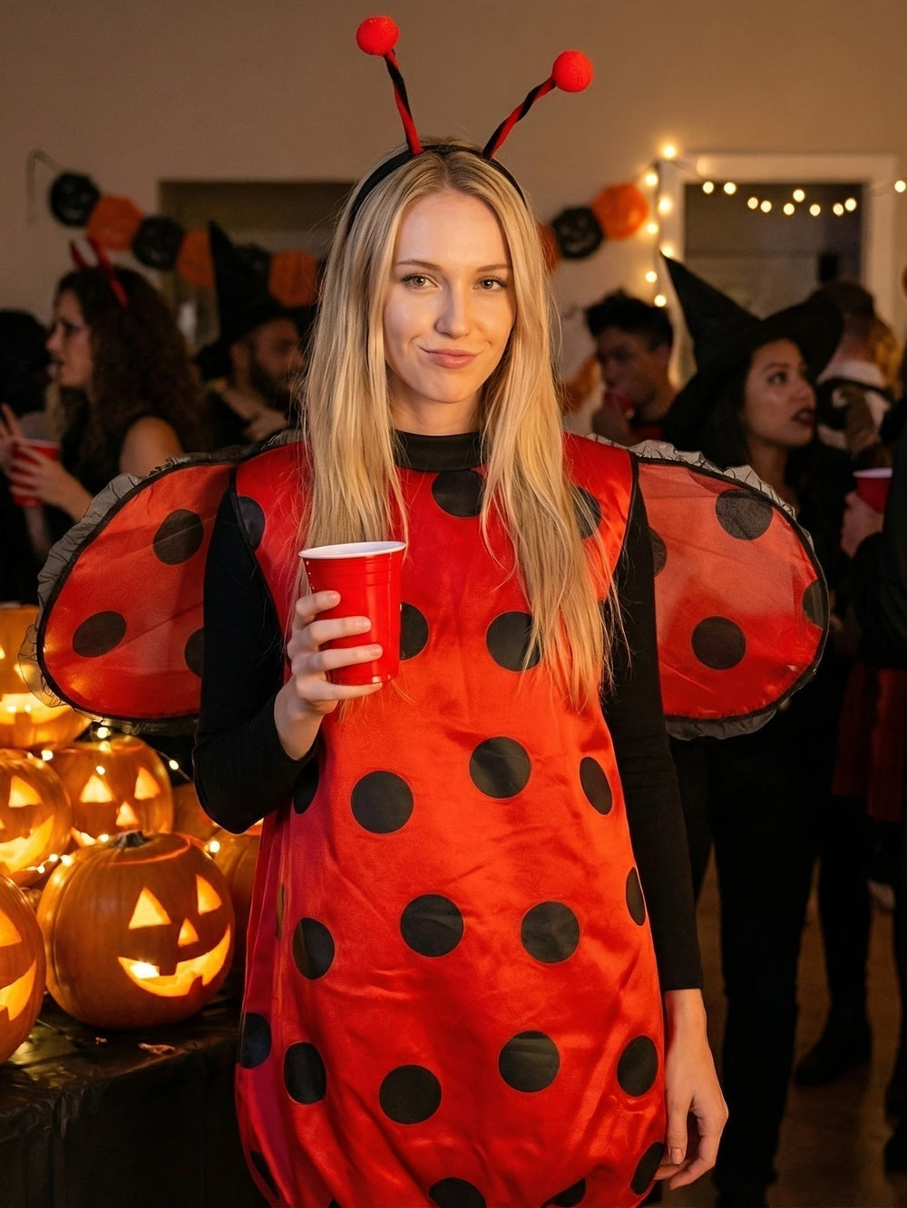 blonde woman wearing red ladybug costume with antenna headband at Halloween party