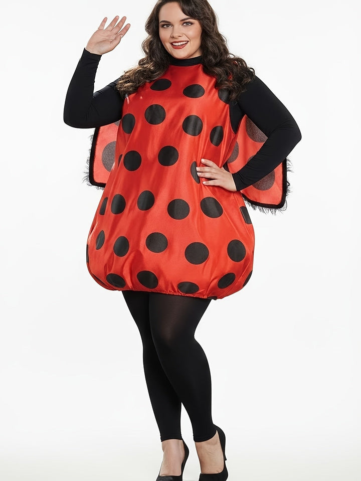 plus size model waving in red polka dot ladybug costume with black wings