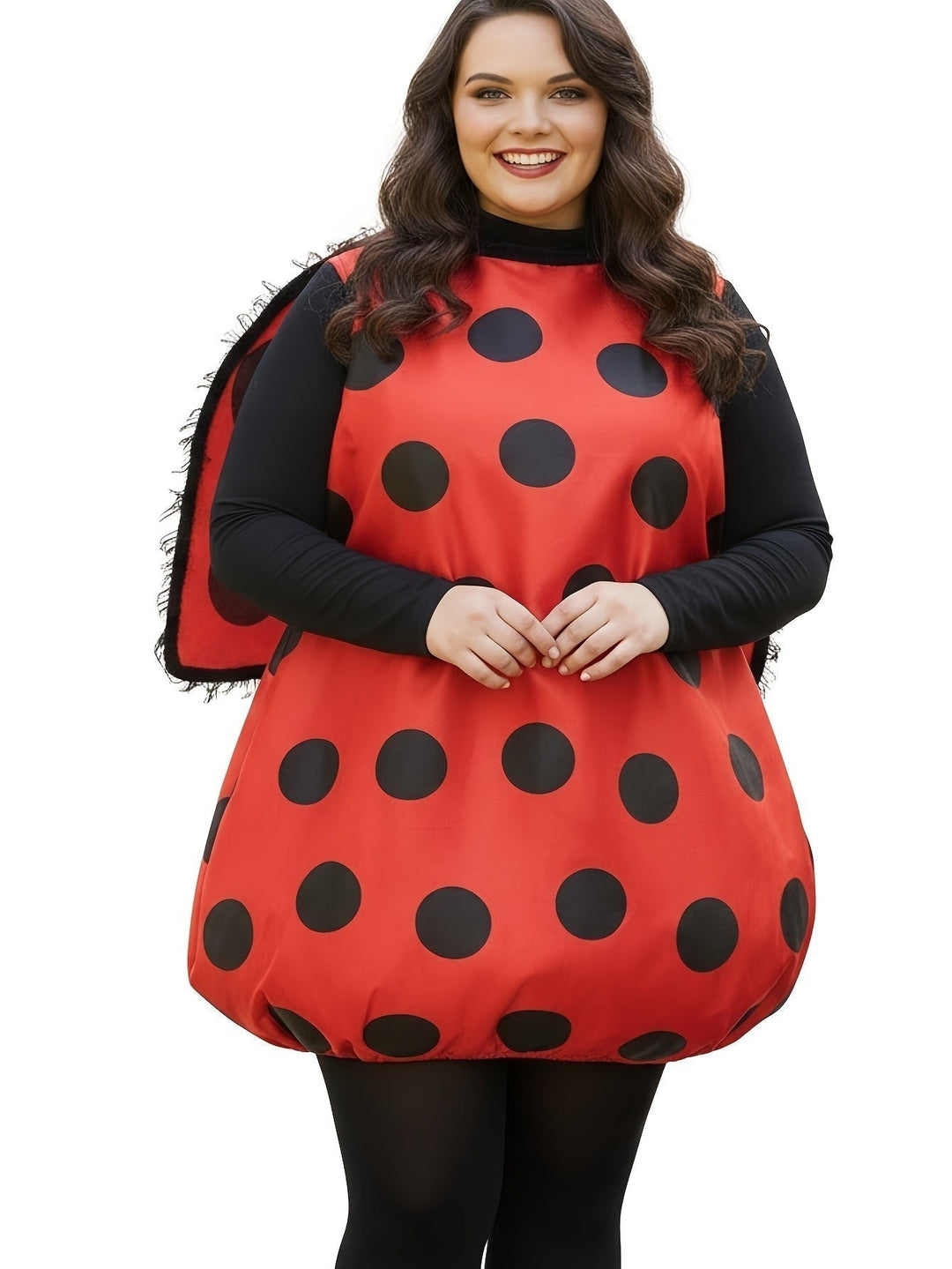 front view of plus size ladybug costume dress with black tulle wing trim