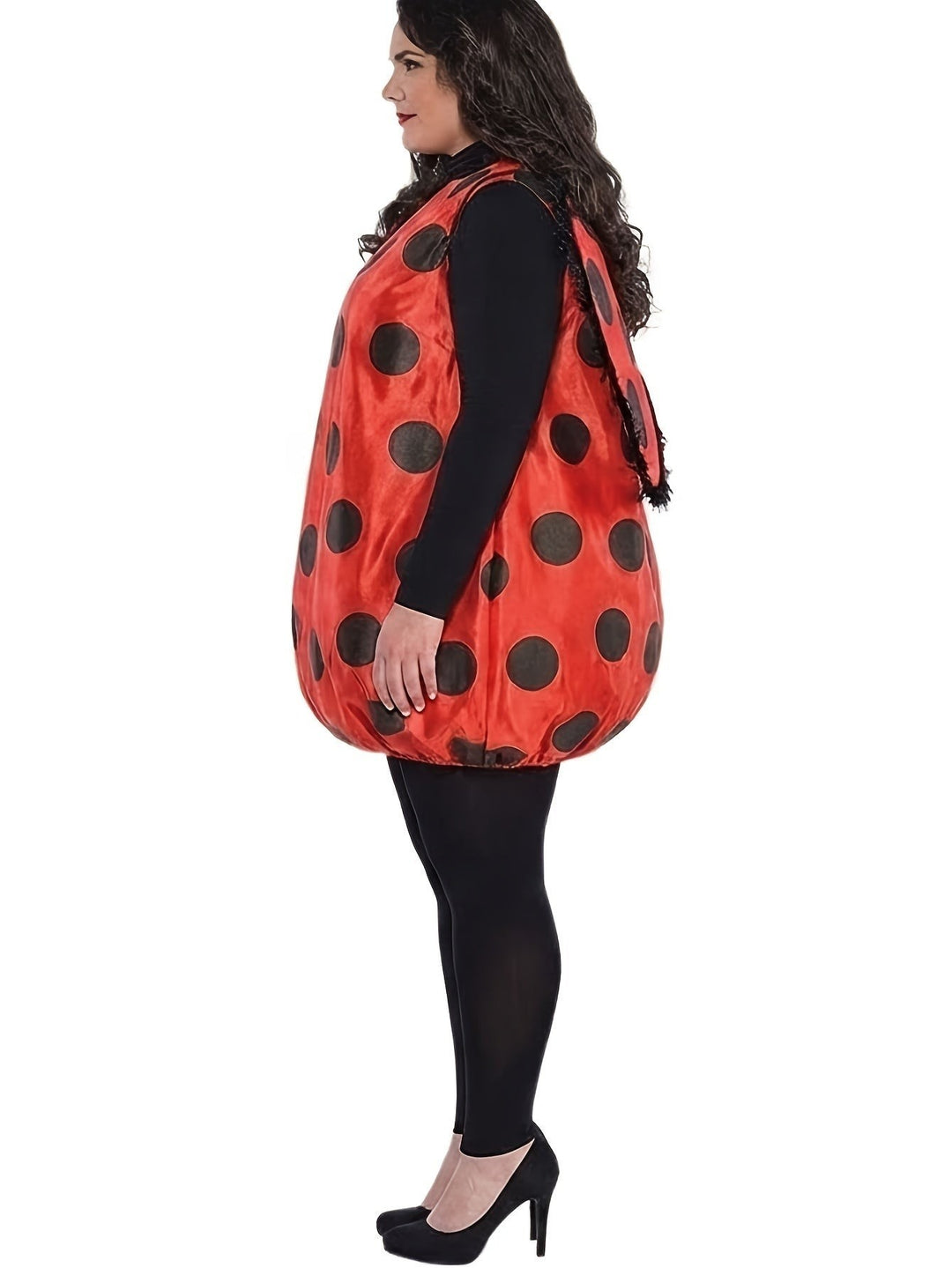side profile of red and black polka dot ladybug costume on plus size model