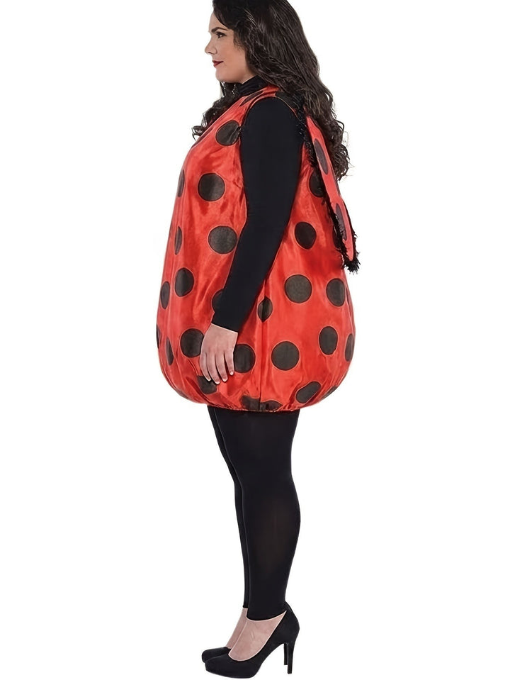 side profile of red and black polka dot ladybug costume on plus size model