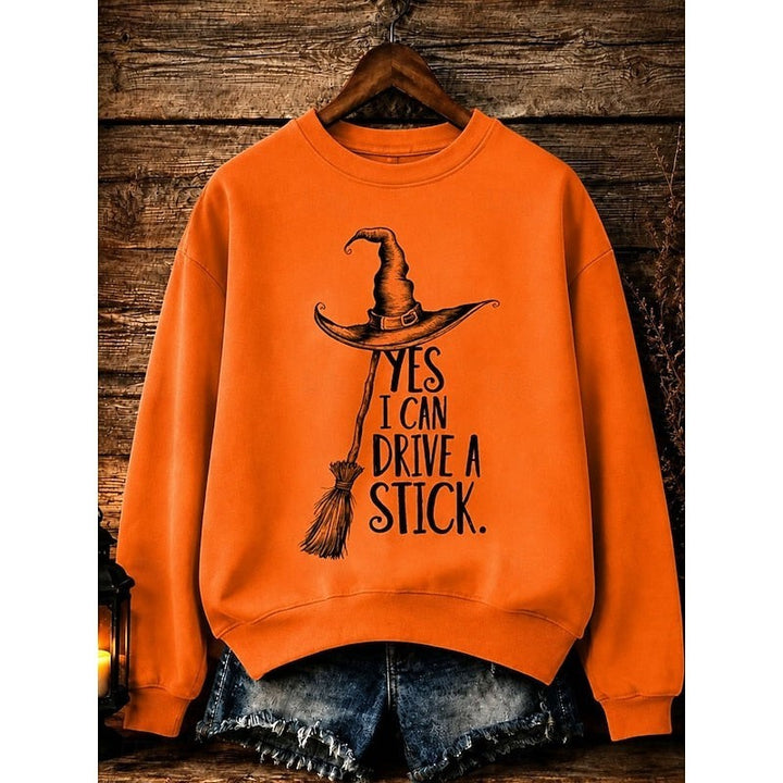 orange crew neck sweatshirt with witch hat graphic and funny Halloween slogan