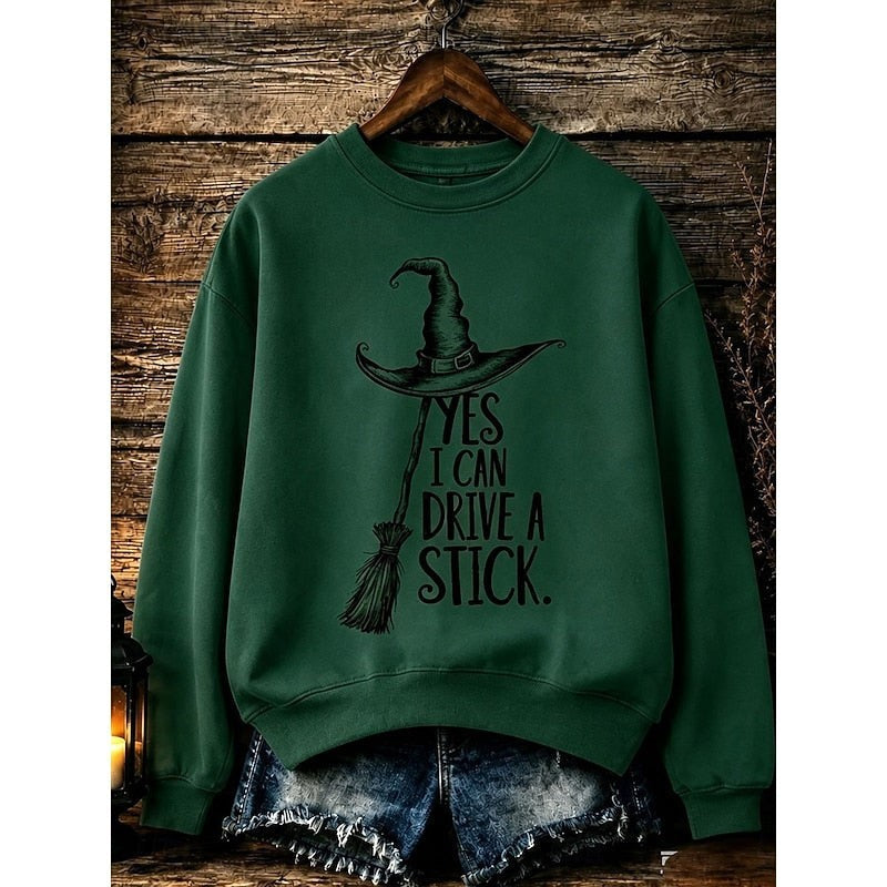 dark green crew neck sweatshirt featuring witch hat and broomstick Halloween print