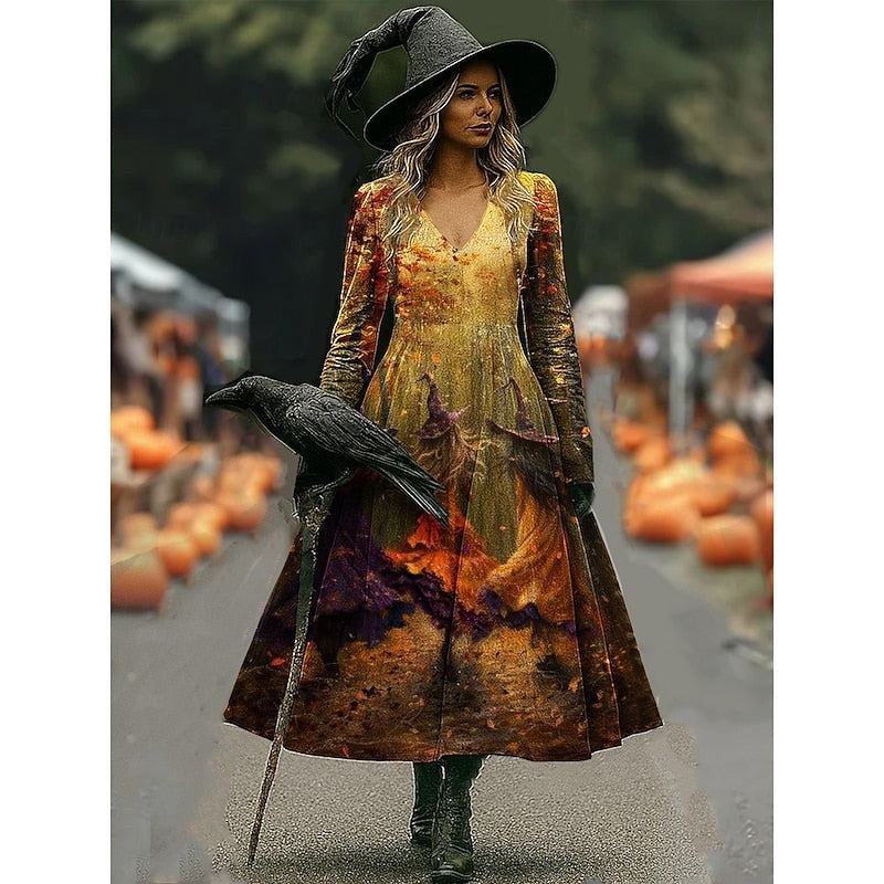 Long-sleeve V-neck maxi dress with orange witch and pumpkin field print