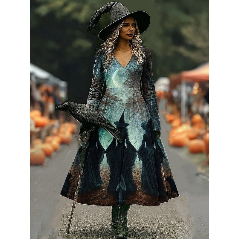 Long-sleeve V-neck maxi dress with teal moonlit witch silhouette print