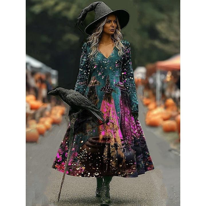 Long-sleeve V-neck maxi dress with teal and pink glittery witch print