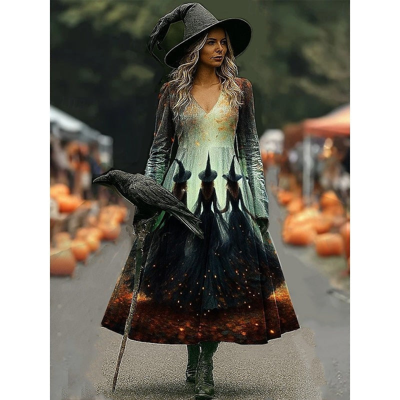 Long-sleeve V-neck maxi dress with mint green triple-witch silhouette print