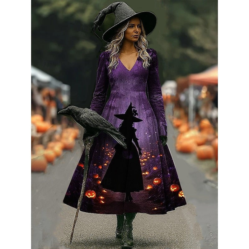 Long-sleeve V-neck maxi dress with purple witch and pumpkin silhouette print