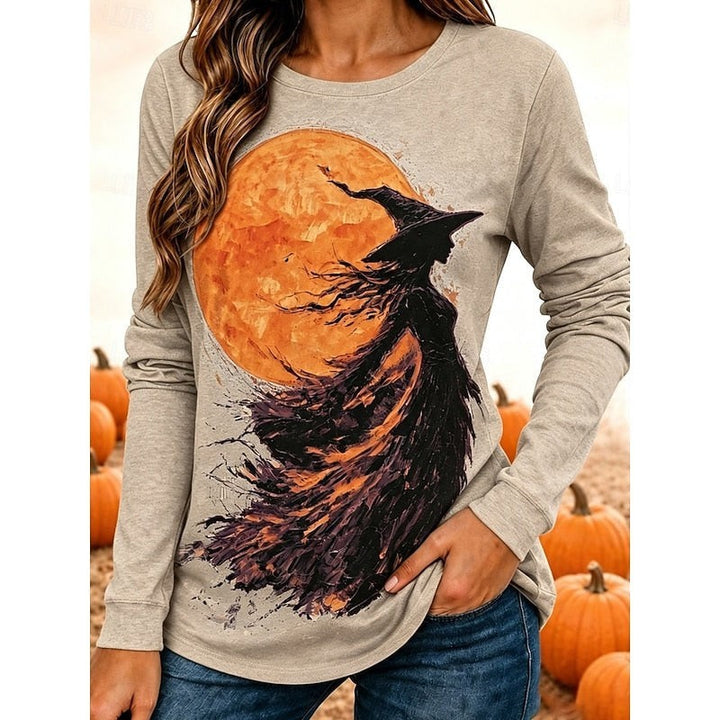 Heather gray long-sleeve top with witch silhouette and orange moon graphic
