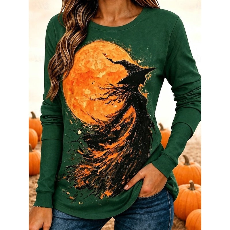 Dark green crew neck top featuring witch and glowing moon Halloween print