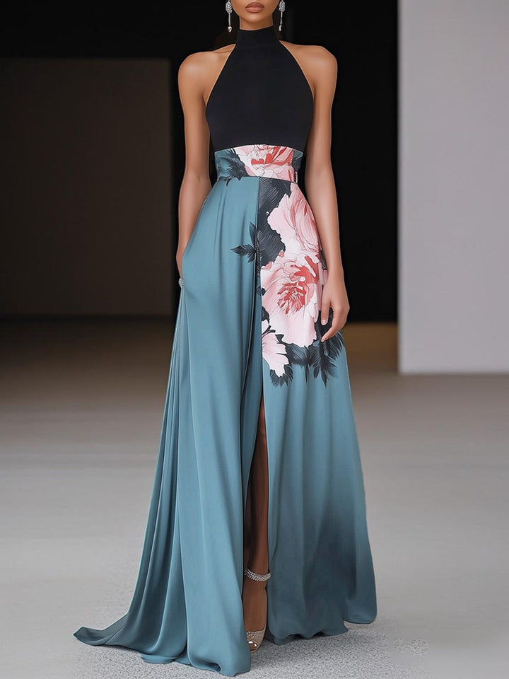 black halter maxi dress with teal floral print skirt and front slit