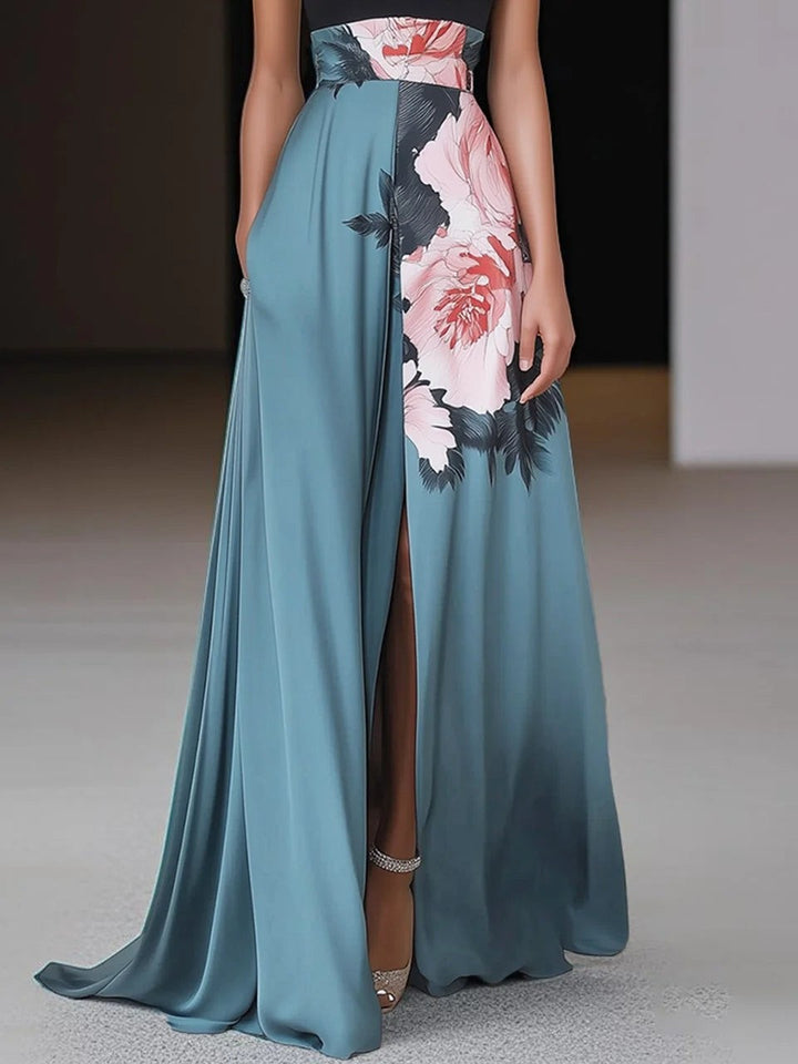 teal floral maxi dress skirt detail with high slit and flowing train