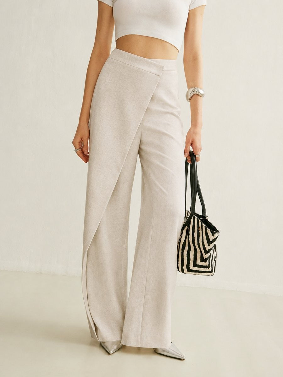 beige asymmetric wrap-front wide leg pants with high waist detail