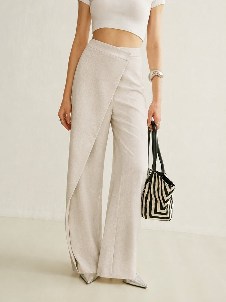 beige asymmetric wrap-front wide leg pants with high waist detail