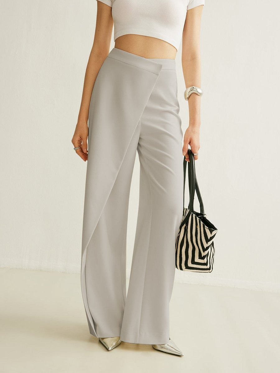 gray high-waisted wide leg pants featuring asymmetric wrap overlay