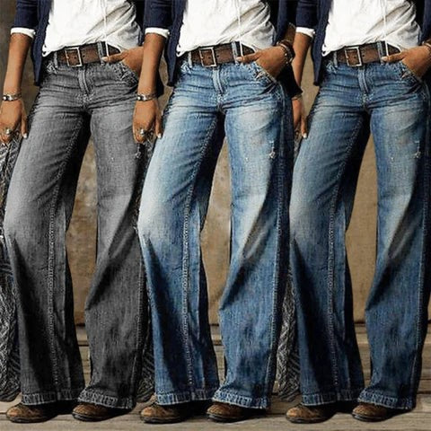 Three colorways of high-waist wide leg retro flare denim jeans side by side