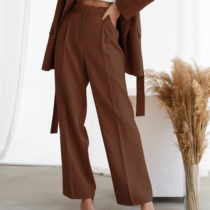 Brown high-waisted wide-leg pants styled with matching blazer