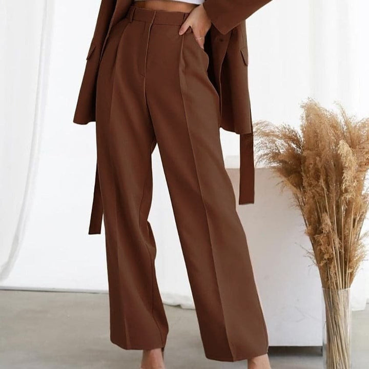 Brown high-waisted wide-leg pants styled with matching blazer