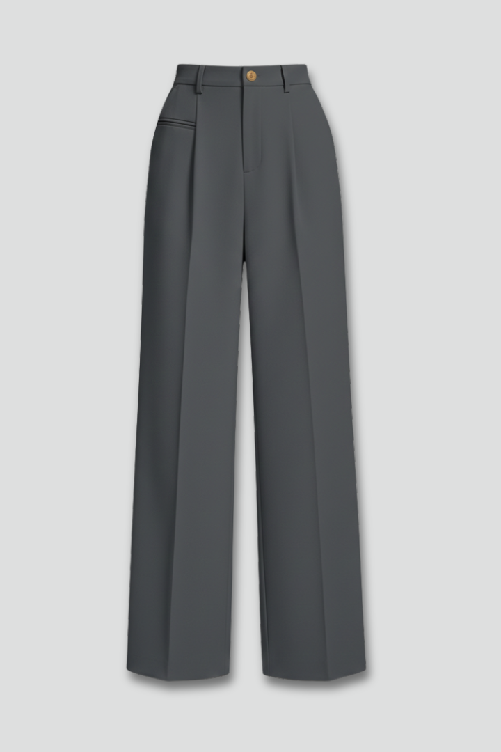 Charcoal gray high-waisted palazzo trousers with front pleats, laid flat