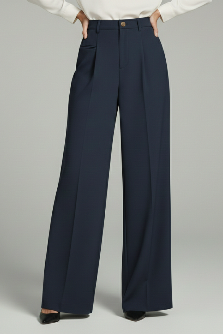 Navy blue wide-leg pleated trousers with high waist and button closure